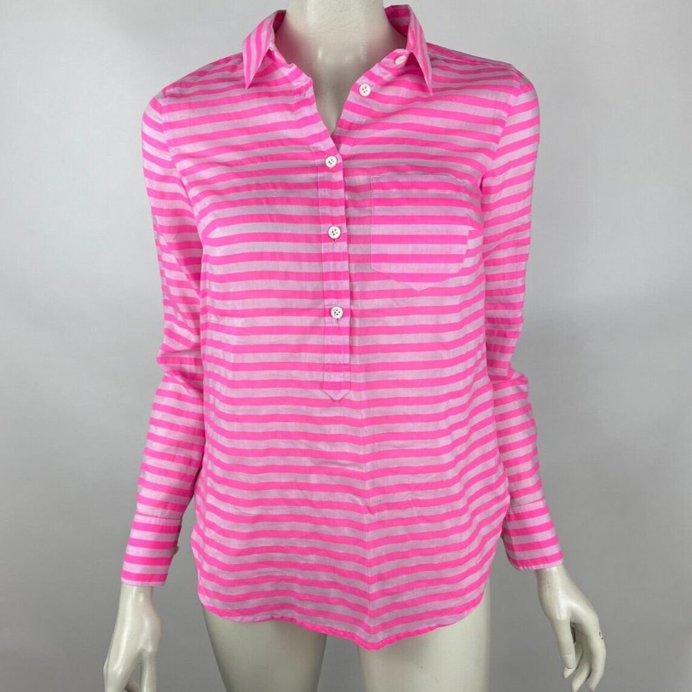 J Crew Striped Blouse Women 00 NWT Long Sleeve‎ Cotton Silk Popover Collared Top